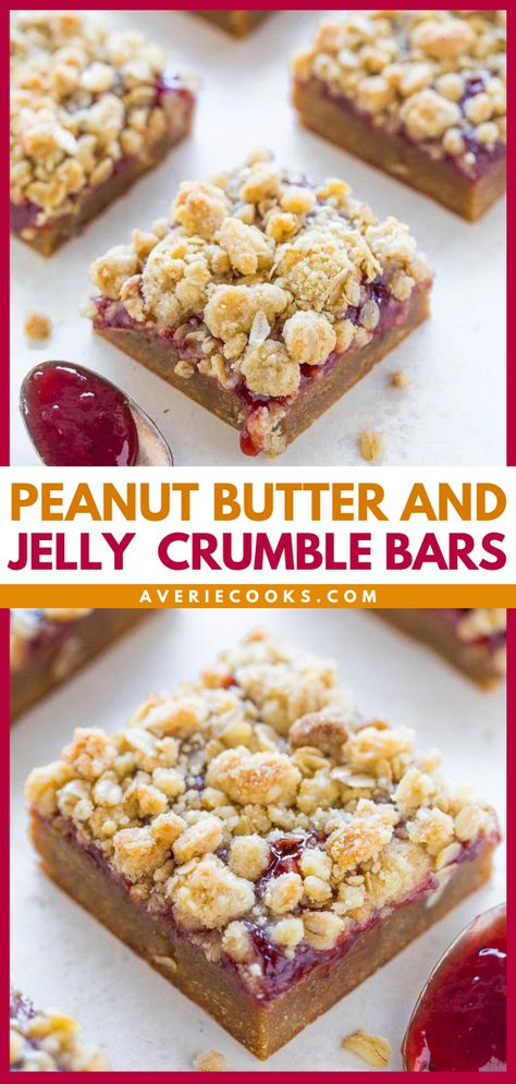 Easiest Peanut Butter and Jelly Bars - Averie Cooks Peanut Butter And Jelly Bars, Peanut Butter Jelly Cookies, Oatmeal Crumble Topping, Easy Impressive Dessert, Jelly Bars, Oatmeal Crumble, No Bake Oatmeal Bars, Jelly Sweet, Peanut Butter Oatmeal Bars