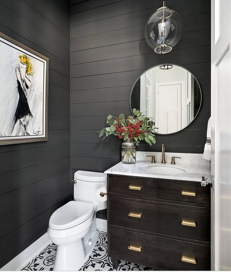 Tips for Using Dark Moody Paint Colors -Wall color is Sherwin Williams Iron Ore Iron Ore Bathroom, Bathroom Wall Colors, Dark Gray Bathroom, Powder Room Vanity, Dark Paint Colors, Dark Bathrooms, Dark Grey Walls, Bathroom Paint Colors, Favorite Paint Colors