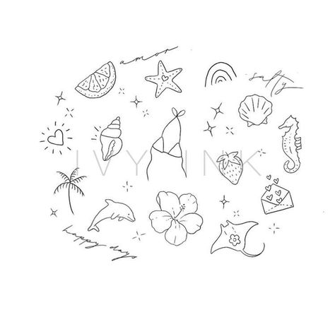 Flash Tattoo Words, Small Tattoo Ocean, Small Coastal Tattoos, Small Florida Tattoo, Small Summer Tattoos, Beachy Tattoos, Small Girly Tattoos, Summer Tattoo, Small Pretty Tattoos