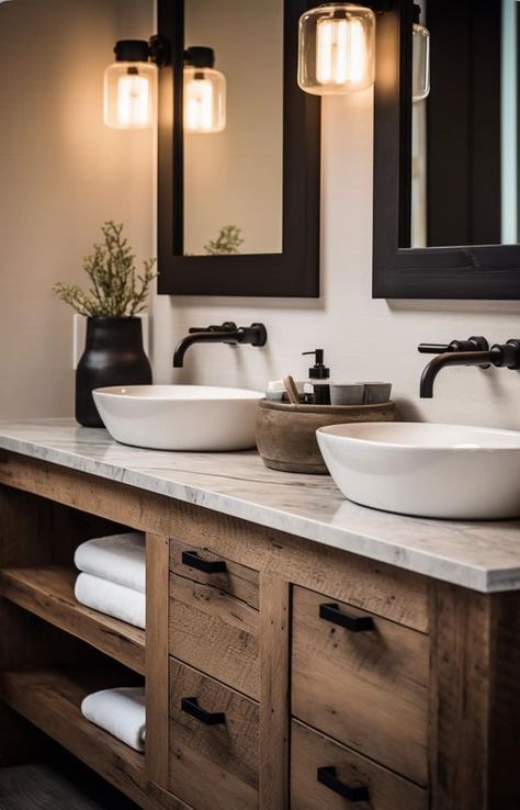 Elizabeth Bailey Modern Farmhouse Half Bathroom Ideas, Farmhouse Half Bathroom Ideas, Black And Wood Bathroom Ideas, Modern Farmhouse Half Bathroom, Wood Bathroom Ideas, Black And Wood Bathroom, Craftsman Bathroom Remodel, Wood Design Ideas, Dream Bathroom Luxury