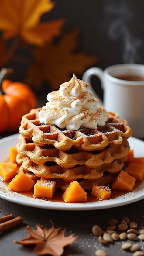 Pumpkin Chai Spice Waffles Pumpkin Waffles With Krusteaz, Fall Waffles, Dessert Waffles, Fall Brunch, Gluten Free Waffles, Pumpkin Chai, Chai Recipe, Perfect Pancakes, Pumpkin Waffles