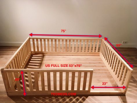 Montessori Bed Measurements, Full Size Montessori Bed Plans, Full Size Floor Bed Toddler, Toddler Full Size Bed Ideas, Diy Toddler Bed On Floor, Montesorri Bed, Full Size Montessori Bed, Full Size Toddler Bed, Full Size Floor Bed