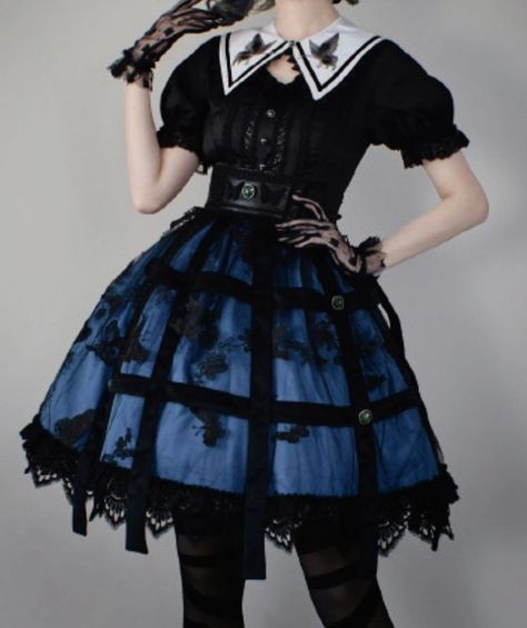 Pastel Goth Outfits Blue, Blue And Black Gothic Outfit, Gothic Vintage Dress, Goth Blue Outfit, Gothic Blue Dress, Blue Steampunk Outfit, Blue Gothic Outfit, Goth Blue Aesthetic, Black And Blue Clothes