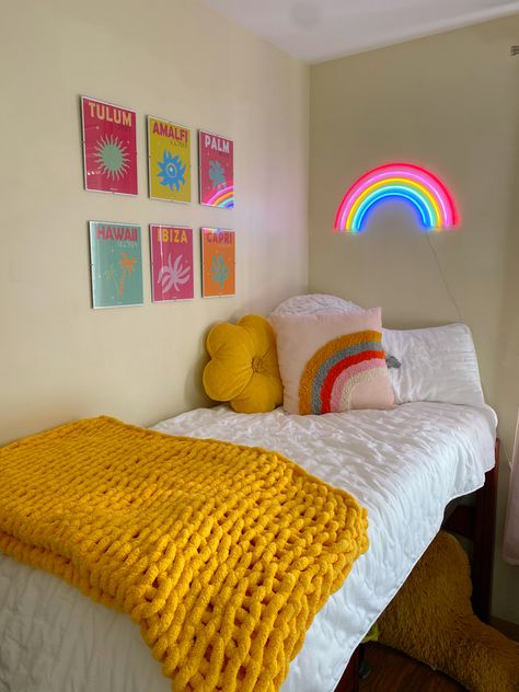 dorm room | bright decor | Dorm decorations | rainbow decorations | happy room | college room ideas | dorm room ideas Colorful Dorm Aesthetic, Colourful Dorm Room, Colorful Dorm Ideas, Rainbow Dorm Room, College Dorm Room Ideas Colorful, Dorm Room Ideas Bright, Dorm Room Ideas Neon, Colorful Dorm Room Ideas Preppy, Groovy Dorm Room