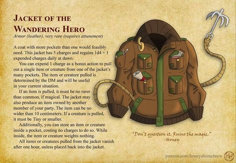 Dnd Character Maker, Dnd Clothes, Dnd Armor, Magic Armor, Homebrew Items, Dnd Magic Items, Bag Of Holding, Magic Clothes, Adventure Bags