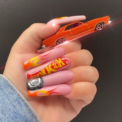 Hot Wheels Nails, Hot Wheel Collection, Nail Cartoon, Coffen Nails, Nail Glow, Neon Pink Nails, So Bored, Art Deco Nails, Nails Now