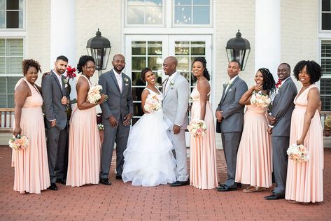 Peach and gray classic wedding party at Independence Golf Club in Richmond Virginia #weddingideas #richmondva #wedding #bridesmaid #groomsman #bride #groom Classic Wedding Party, Peach Wedding Theme, Grey Wedding Theme, Peach Wedding Colors, Maine Wedding Photography, Grey Suit Wedding, Wedding Parties Colors, Golf Course Wedding, Classic Golf