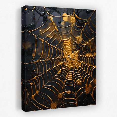 Web of Gold - Luxury Wall Art Hot Glue Canvas Art Diy, Halloween Abstract Art, Spiderweb Art, Gold Painting Ideas, Black And Gold Art, Spiderweb Painting, Cute Spider Painting, Spider Web Art, Spider Painting