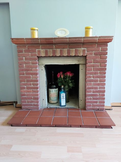 Old red brick fireplace, now with cast iron gas fire removed.  Step one in the uodate complete! Red Brick Fireplace, Red Brick Fireplaces, Gas Fire, Gas Fires, Brick Fireplace, Red Bricks, Cast Iron, Fireplace, Red