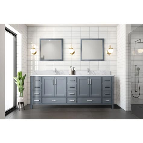 Lexora Jacques 84'' Double Bathroom Vanity with Marble Top with Mirror & Reviews | Wayfair Bathroom Double Sink, White Quartz Countertops, Blue Cabinet, Bath Cabinet, Double Bath, Countertop Surfaces, Under Sink Storage, Vanity Set With Mirror, Bathroom Vanity Base