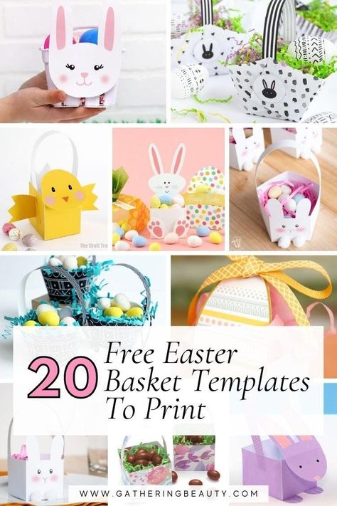 Collage of 20 free Easter basket templates to print. Easter Gift Boxes Diy, How To Make Easter Baskets Out Of Paper, Free Easter Templates Printables, Printable Easter Baskets Template, Easter Boxes For Kids, Easter Treat Boxes Diy, Easter Gift Boxes Ideas, Easter Basket Templates Free Printables, Paper Bag Easter Basket