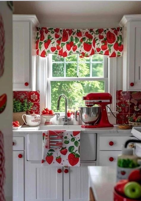 Strawberry Themed Kitchen, Red And White Kitchen, Strawberry Kitchen, Purple Kitchen, Strawberry Decorations, Themed Kitchen, Cottage Kitchens, Cozy Kitchen, Glass Cabinet Doors