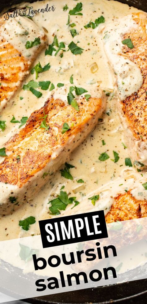 closeup of a skillet with salmon in creamy sauce with text overlay that reads simple boursin salmon Lemon Herb Sauce, Boursin Cheese Recipes, Boursin Recipes, Mediterranean Diet Recipes Dinners, Boursin Cheese, Herb Sauce, Baked Salmon Recipes, Salmon Dishes, Lemon Herb