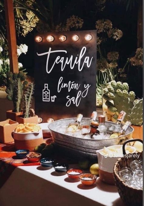 Tequila Table Ideas, Tequila Bar Wedding, Tequila Station, Tequila Party Decoration, Bridal Fiesta, Sangria Party, Taco Bar Wedding, Mexican Bar, 21st Bday Ideas