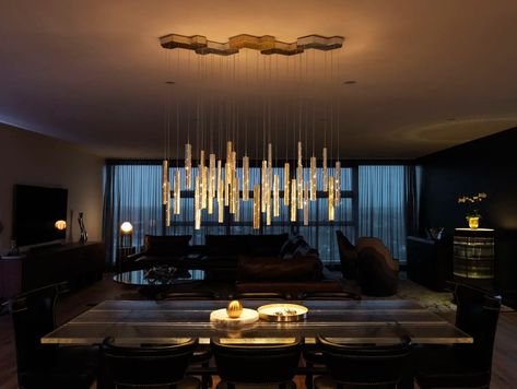 Rain Chandelier and Ora by ILANEL Design Studio seen at Private Residence, Doncaster | Wescover Handmade Chandelier, Interactive Walls, Steel Canopy, Bespoke Lighting, Single Pendant Lighting, Heavy Rain, Room Lighting, Brass Lighting, Local Design