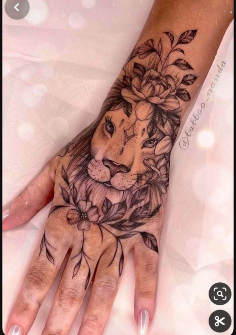 Lion Hand Tattoo For Women, Wrist Hand Tattoo, Lion Hand Tattoo, Medium Size Tattoos, Hand Tattoo Designs, Floral Tattoo Sleeve, Hand Tattoos For Women, Small Hand Tattoos, Lion Tattoo