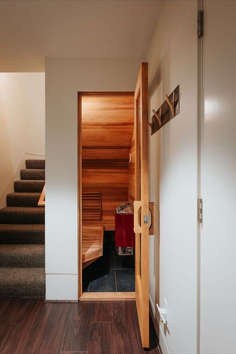 Convert an under-stair closet into a 5'7" x 2'10" sauna with cedar walls and a custom tile floor. Room For 2 People, Sauna Bathroom Ideas, Luxury Home Ideas, Sauna Project, Basement Sauna, Sauna Bathroom Design, Building A Sauna, Home Spa Room, Bathroom Shower Panels