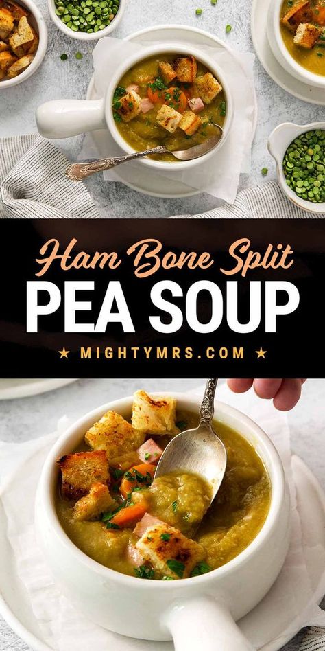 You'll love this old fashioned split pea soup recipe that's easy to make on the stovetop or slow cook in your crockpot. A perfect easy dinner you can make after the holidays using leftover ham. Thick, creamy and flavorful — this soup is delicious yet so simple. Made with a ham bone and lots of healthy vegetables. Save that ham bone and make this soup! Freezer friendly. Homemade Pea Soup With Ham Bone, Ham Bone Split Pea Soup, Soup Party, Ham Leftovers, Beverages Recipes, Ham Bone Soup, Pea Soup Recipe, Crockpot Soups, Stews Recipes