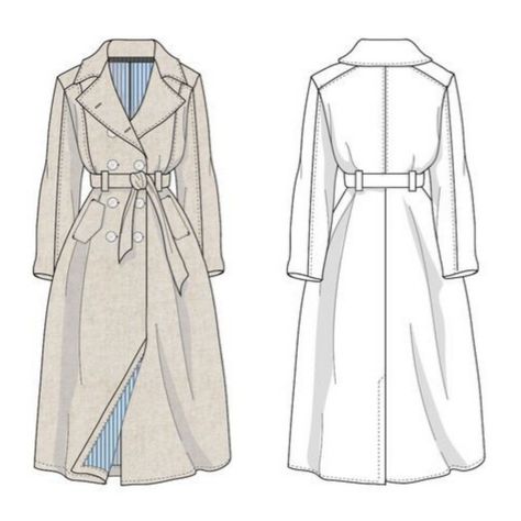 Sewing Trench Coat, Trench Coat Sketch, Trench Coat Illustration, Trench Coat Technical Drawing, Mode Mantel, Cropped Trench Coat, Fashion Illustration Collage, Fashion Drawing Sketches, Clothing Sketches