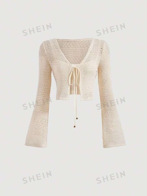 SHEIN MOD Tie Front Crochet Material Trumpet Sleeve Spring Crop Top Without Cami Top | SHEIN USA Spring Crop Tops, Icon Y2k, Trumpet Sleeve Top, Grunge Hippie, Top Shein, Trumpet Sleeve, Printed Ties, Y2k Grunge, Top Women