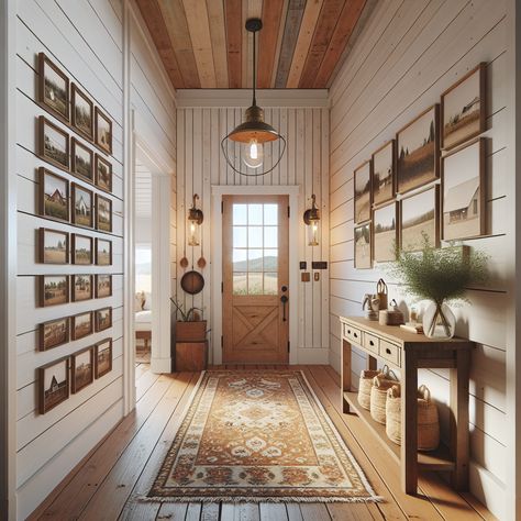 The walls could be adorned with white ship-lap siding and tasteful collage photo frames capturing rural scenes or family memories. Include a sturdy, wooden console table and a vintage rug to add warmth and character to this space. The design should balance the rugged charm of rustic farms with a clean and stylish modern aesthetic, making it a perfect inspiration for a remodeling project. Country Home Entryway, European Farmhouse Entryway, Entry Way Aesthetic, Farmhouse Corridor, Country Home Aesthetic, Country Farmhouse Aesthetic, Barndominium Decor, Rustic Entryway Ideas, Country Entryway