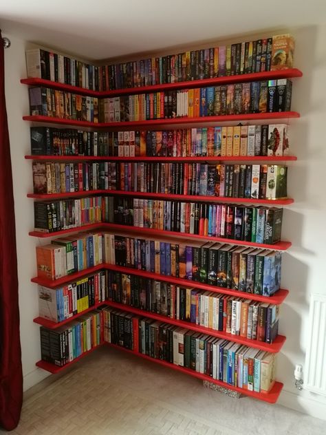 Bookshelves In Corner, Bookcase Ideas Bedroom, Black Dream House, Two Bookshelves, Media Organization, Mounted Bookshelves, Diy Dvd Storage, Diy Dvd, Shelves For Home Office