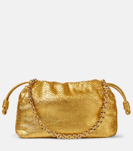 Flamenco fringed metallic leather clutch in gold - Loewe | Mytheresa Loewe Flamenco, Loewe Bags, Loewe Bag, Metallic Leather, Leather Clutch, Clutch Handbag, Chain Lengths, Baby Shop, Chain Length