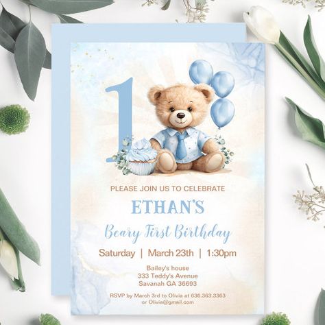 Teddy Bear 1St Birthday Blue Balloons Invitation #zazzle #weddinginvitations #birthdayinvitations #babyshowerinvitations #zazzleinvitations #monogram #businesscards #graduation #homedecor First Birthday Boy Invitations, Beary 1st Birthday, Balloon Invitation, Birthday Bear, Blue Teddy Bear, Bear Invitations, Baptism Ideas, Bear Pink, Blue Balloon