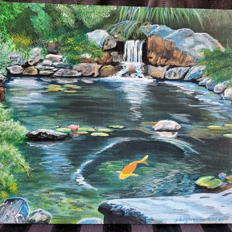 Wouldn't a backyard be better with this view? Maybe on your wall at least. It is fun painting Koi Ponds and there are so many ways to have them. I have more I want to do. Seeing photos online, there are some very interesting options these days when building a dream Koi Pond including above ground glass walls to see the underground / underwater view of your fish. Makes me want to go dig up my backyard. But I am back to painting... Koi Pond Drawing, Ponds Painting, Fish Pond Drawing, Koi Pond Painting Easy, Pond Painting Acrylic, Coy Pond Painting, Koi Pond Painting, Koi Pond Waterfall, Fish Pond Painting