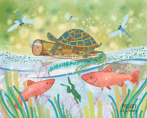 River Drawing, Care Bears Vintage, Ocean Illustration, Window Mural, Reptile Room, Frog Illustration, Water Illustration, Picture Books Illustration, Fish Illustration