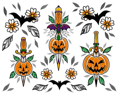 🎃🧡✨OCTOBER FLASH IS HERE!✨🧡🎃 I’m currently booking all of my October with flash from these sheets! These are all repeatable, but will ONLY be done in October before they are gone forever! Everything can be converted to either black work or color, just let me know what you prefer. I included a couple designs from last year’s October flash as well since I never got to do those designs! HOW TO CLAIM: You must send me an EMAIL in order to book one of these flash designs! My email is in my bio, ... Traditional Flash Halloween, Fall Tattoo Flash, Halloween Trad Tattoo, Traditional Style Halloween Tattoo, October Flash Sheet, Tradition Halloween Tattoo, October Tattoos, October Tattoo, Flash Designs