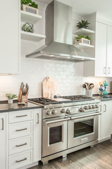 With a wall-mounted chimney range hood, you are then able to add open shelving, giving your kitchen more space for storage and for beautiful displays! Kitchen Hood Design, Kitchen Vent Hood, Kitchen Chimney, Kitchen Vent, Kitchen Hood, Kitchen Range Hood, Kitchen Hoods, Kitchen Stove, Kitchen Design Decor