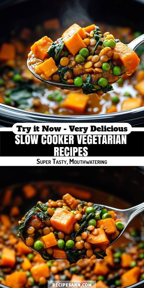 I absolutely love this slow cooker vegetarian dish! Loaded with vibrant veggies like sweet potatoes, peas, and spinach, it’s not only super tasty but also so comforting. Perfect for busy days when I want a hearty meal waiting for me. Give this mouthwatering recipe a try! Slow Cooker Veggie Recipes, Slow Cooker Vegetarian Recipes, Crockpot Vegetarian Recipes, Cheesy Broccoli Rice Casserole, Slow Cooker Vegetarian Chili, Cheesy Broccoli Rice, Vegetarian Slow Cooker Recipes, Vegetarian Crockpot Recipes, Slow Cooker Vegetarian