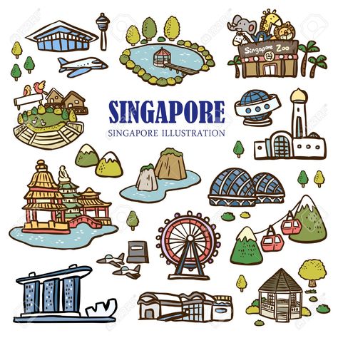 Singapore Landmark, Singapore National Day, Singapore Attractions, Travel Book Design, Travel Doodles, Singapore Zoo, Dollar Note, Singapore Art, Travel Journal Scrapbook