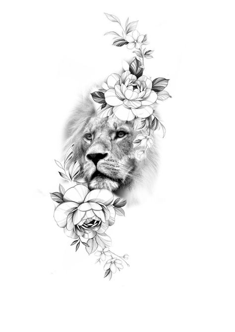 Floral Lion Tattoo Design, Lion Mountain Tattoo, Flower Lion Tattoo, Lion Tattoo Flowers, Lion With Flowers Tattoo For Women, Coverup Tattoo Ideas For Women Cover Up Half Sleeves, Lion And Flowers Tattoo Design, Lion Floral Tattoo, Lion Flowers Tattoo