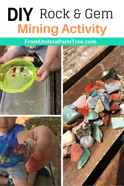 DIY Rock & Gem Mining Activity < From Under a Palm Tree Gem Mining Diy, Diy Mining For Gems, Geology Themed Party, Geology Party Ideas, Gold Mining Birthday Party, Gem Mining Birthday Party, Cave Activity, Gem Mining Party, Rock Activities For Kids