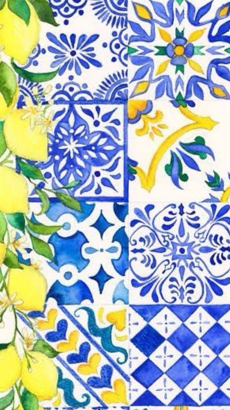 #wallpaper #greece #blue #lemon Italian Tiles Pattern, Greece Blue, Patterns Watercolor, Italian Pattern, Lemon Art, A Place For Everything, Lemon Patterns, Lemon Decor, Soyut Sanat Tabloları