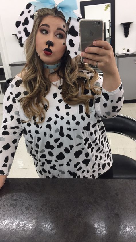 DIY Dalmatian Costume/ Makeup Cute Dalmation Costume Women, 101 Dalmations Face Makeup, Diy Dalmatian Ears Headband, Easy Dalmation Makeup, 101 Dalmatian Makeup, Dalmatian Makeup Halloween, Dalmatian Puppy Makeup, Dalmation Face Paint Women, Dalmation Face Makeup