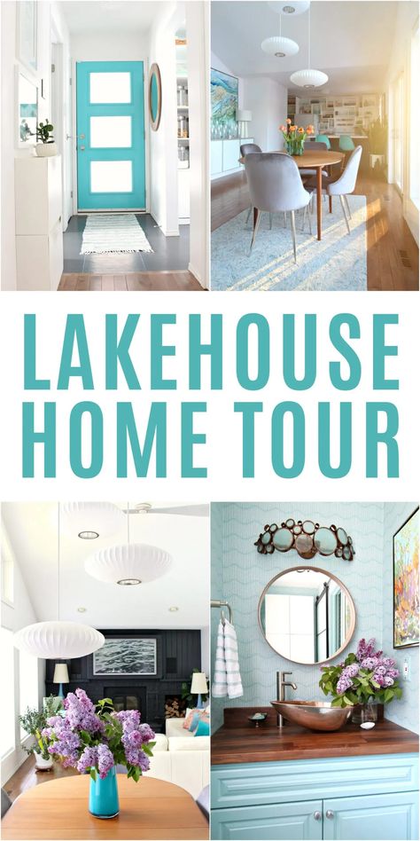 Lakehouse Home Tour with TONS of DIY Projects and Budget Friendly Ideas! Love the lake house aesthetic? Tour this mid-century meets coastal lakehouse interior and see the lakehouse exterior too! Get inspired by chic vintage lake house decor that is inspired by Lake Superior without be themey or nautical - coastal not nautical lake house design with bright colors, lots of textures, and natural elements inspired by the lake. Canadian lake house tour on Lake Superior - inside and out! Maine Lake House Decor, Home Decor Lake House Interior Ideas, Lake House Mantel Decorating Ideas, Art For Lake House, Modern Farmhouse Lake House Decor, Colorful Lake House Decor, Lake Cottage Wallpaper, Small River House Decor, Nautical Lake House Decor