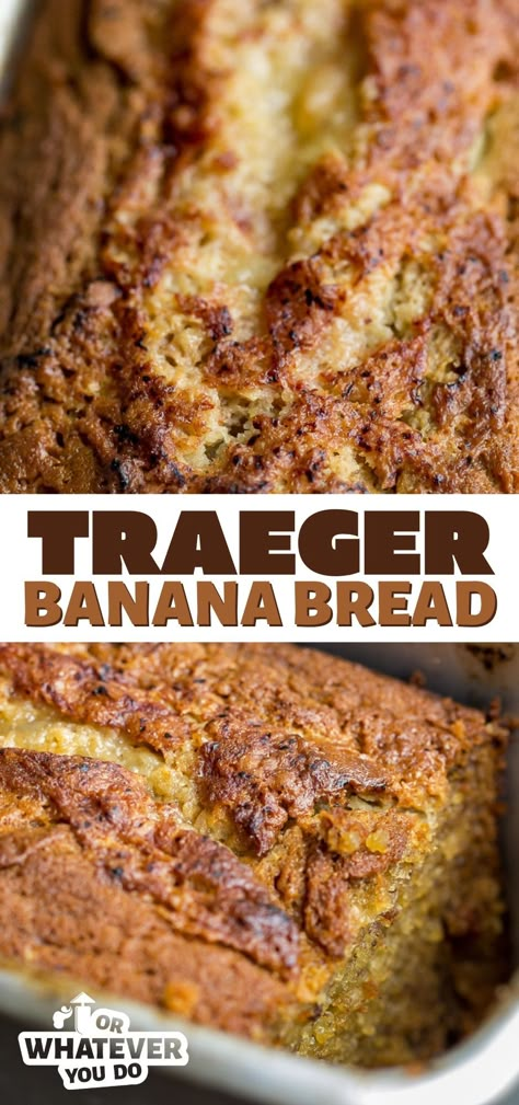 This Traeger Banana Bread takes my classic sour cream banana bread and moves it to the Traeger pellet grill for a rustic, wood-kissed flavor that brings out the sweetness of the banana in the best way. Grilled Banana Bread, Traeger Bread Recipes, Bread In Smoker, Treager Desserts, Pellet Grill Bread Recipes, Smoked Banana Bread, Smoked Bread Recipes, Bread On The Smoker, Traeger Bread