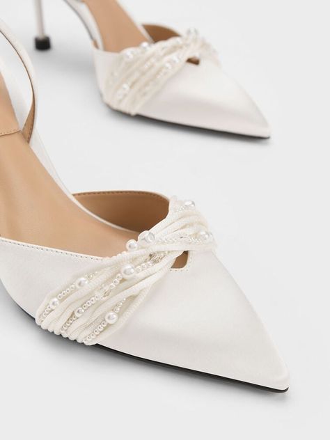 Charles And Keith Wedding Shoes, Sling Back Wedding Heels, Wedding Shoes Chanel, White Heels Elegant, Modern Bridal Shoes, Satin Bridal Shoes, Minimalist Wedding Shoes, Pearl Wedding Heels, Elegant Wedding Shoes Heels