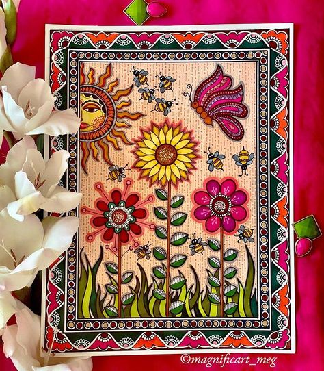 🌻Art Journal by Meg! on Instagram: “Inspired by the Bees visiting my backyard recently! This composition just happened while listening to a boring audiobook!! Did this as a…” Madhubani Lippan Art, Madhubani Background, Madhubani Paintings On Canvas, Madhubani Drawing Easy, Madhubani Drawing Indian Paintings, Madhubani Painting Easy, Madhubani Art Easy, Indian Doodle, Madhubani Paintings Peacock