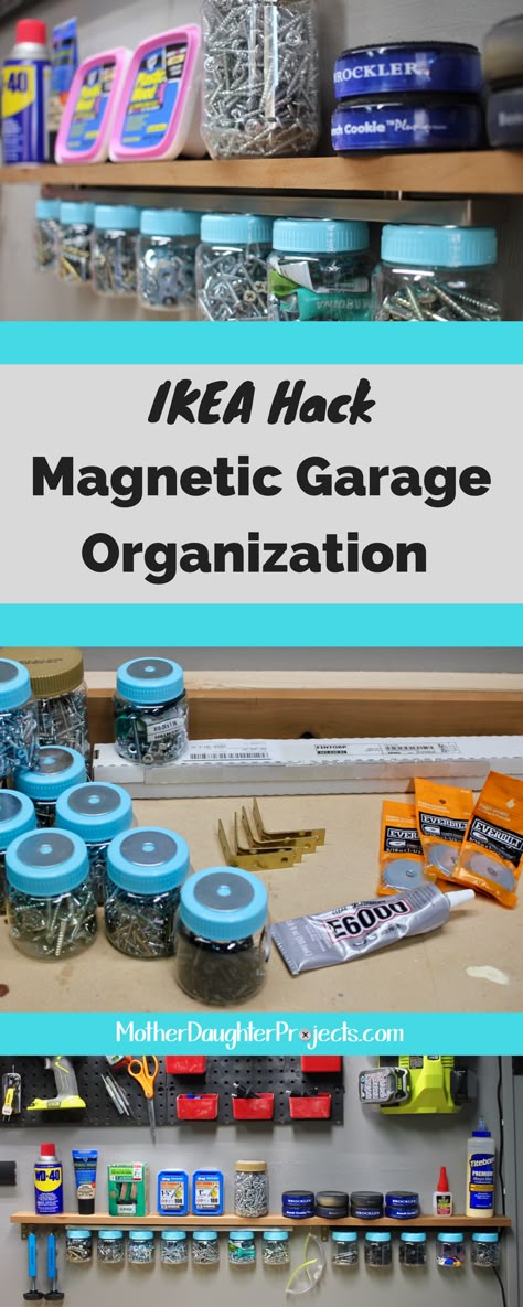 Learn how to use a magnetic rack from Ikea to add some garage storage for your screws, nuts, nails and more! Diy Dollar Tree Storage, Porsche Garage, Garage Organization Shelves, Garage Wall Shelving, Garage Organization Storage, Automotive Garage, Garage Organization Systems, Dollar Tree Storage, Plan Garage