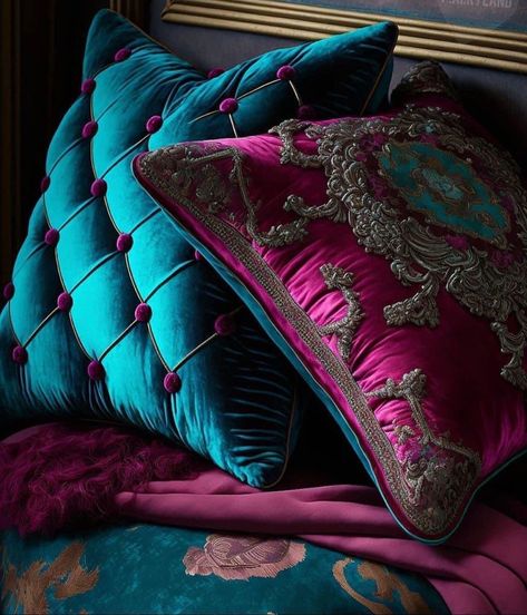 Art Deco Pillows, Jewel Tone Bedroom, Jewel Tone Decor, Draps Design, Deco Pillows, Teal Bedroom, Week 1, Dream House Decor, Colour Schemes