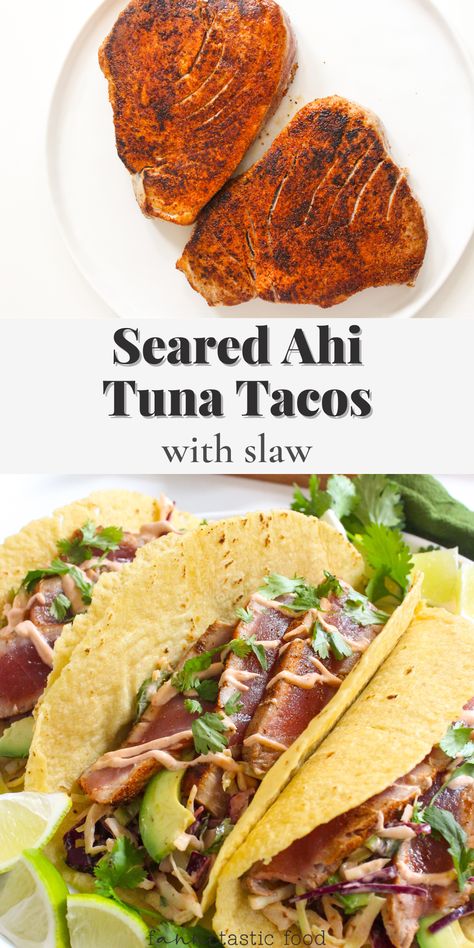 Ahi Tuna Tacos With Slaw, Tuna Steak Tacos Recipes, Ahi Tuna Tacos Recipe, Blackened Tuna Tacos, Tuna Jalapeno, Tuna Fish Tacos, Chipotle Crema Sauce, Tuna Tacos Recipe, Fish Taco Toppings