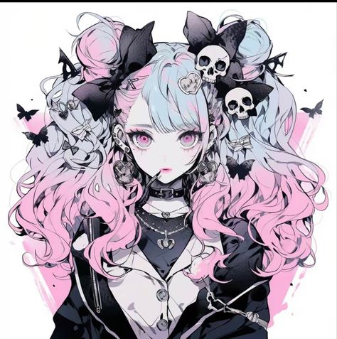 Emo Anime Aesthetic, Anime Pastel Goth, Goth Kawaii Art, Pastel Goth Anime, Pastel Emo, Pastel Goth Art, Copic Marker Art, Colour Hair, Cute Goth