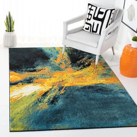 Wade Logan® Robidoux Abstract Area Rug in Teal/Yellow & Reviews | Wayfair Galaxy Colors, Yellow Area Rug, Blue Grey Rug, Bedroom Area Rug, Teal Yellow, Color Wave, Shades Of Teal, Yellow Area Rugs, Yellow Rug