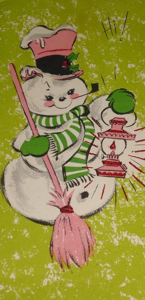 Vintage Pink & Green Snowman Christmas Card Vintage Snowman Illustration, Christmas Decor Styles, Snowmen Cards, Old Ornaments, Snowman Christmas Card, Vintage Holiday Cards, Snowman Christmas Cards, Vintage Snowman, Snow People