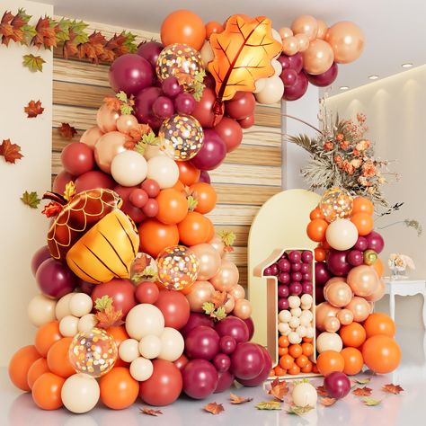 Fall Birthday Party Ideas For Adults, Thanks Giving Balloon Arch, Fall Theme Decorations, Fall Baby Shower Balloons, Fall Theme Balloon Garland, Orange Balloon Garland, Fall Pink Balloon Garland, Ballon Arch Fall Colors, Fall In Love Balloon Arch