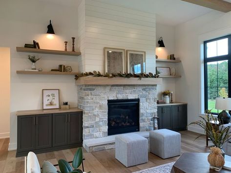 Floating Shelves By Fireplace, Built Ins Fireplace, Shelves Around Fireplace, Bookshelves Around Fireplace, Built In Around Fireplace, Floating Shelves Living Room, Built In Shelves Living Room, Living Room Built Ins, Fireplace Shelves